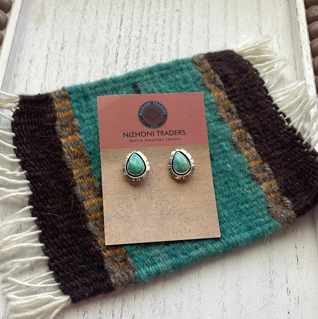 Beautiful Navajo Turquoise And Sterling Silver Teardrop Post Earrings