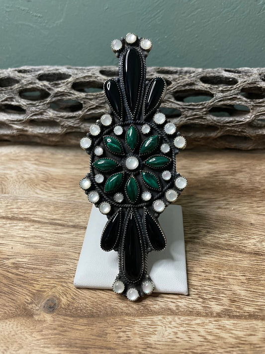 Navajo Sterling Silver Black Onyx And Malachite  Statement Ring Size 8 By Devon Brown