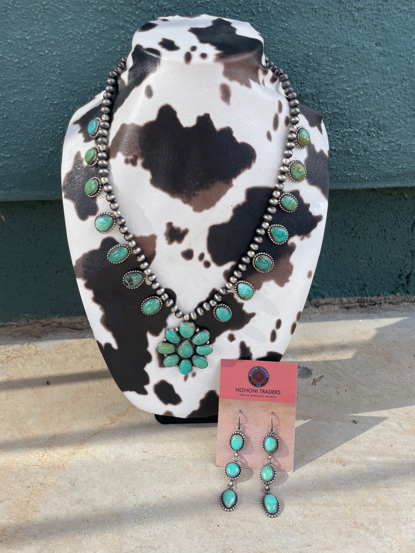 “The Rainstorm” Beautiful Navajo Sterling Silver Turquoise Necklace & Earring Set