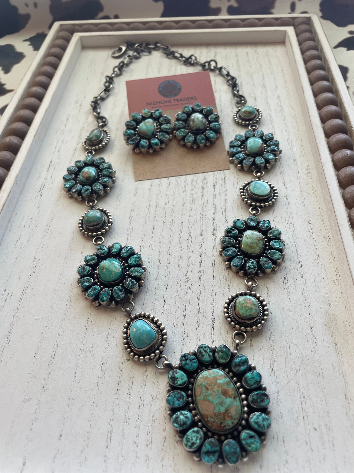 B Yellowstone Navajo Sterling Silver Turquoise Necklace & Earring Set Signed