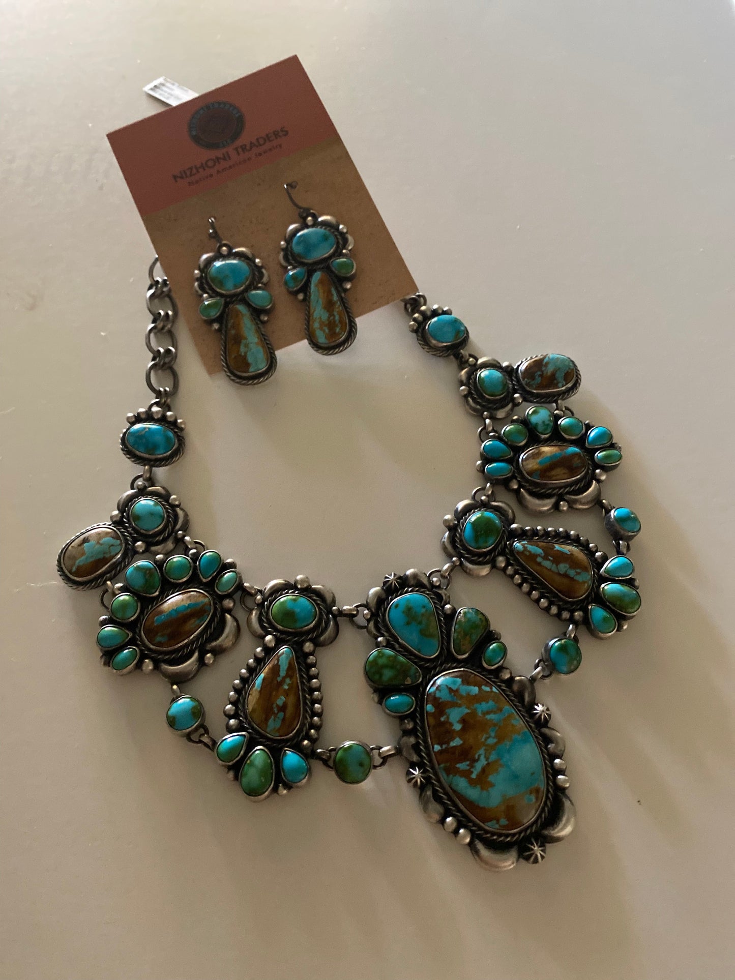 Diane Wyllie Ribbon and Sonoran Turquoise Necklace and Earring Set Signed By The Artist