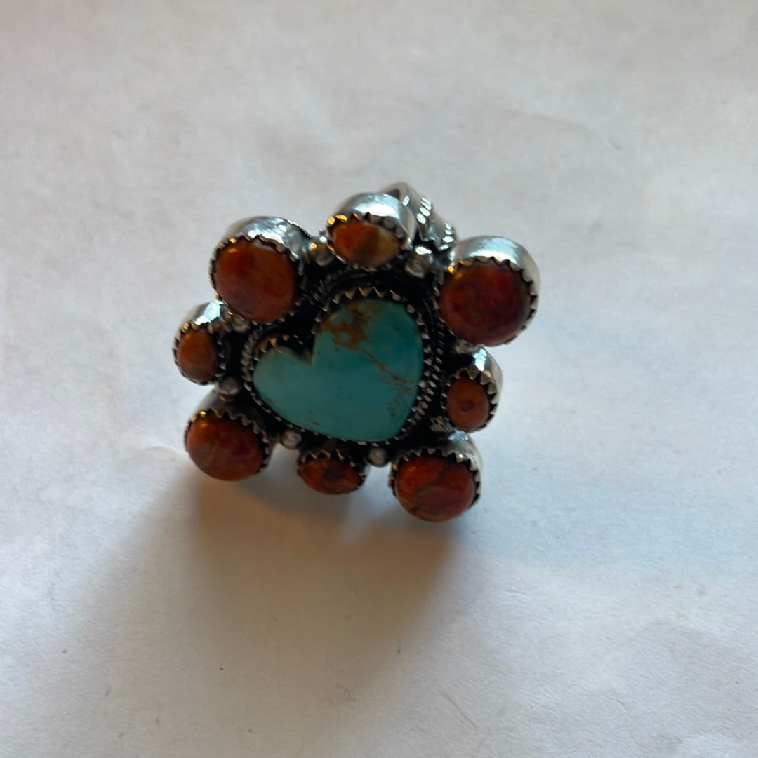 Beautiful Handmade Turquoise, Orange Mojave And Sterling Silver Adjustable Ring Signed Nizhoni