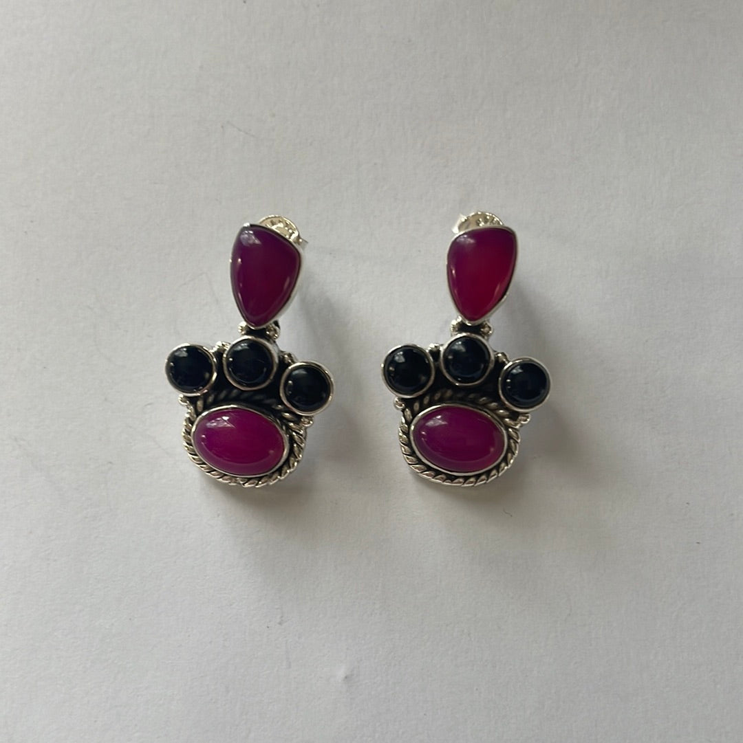 Beautiful Handmade Pink & Black Onyx & Sterling Silver Post Earrings Signed Nizhoni