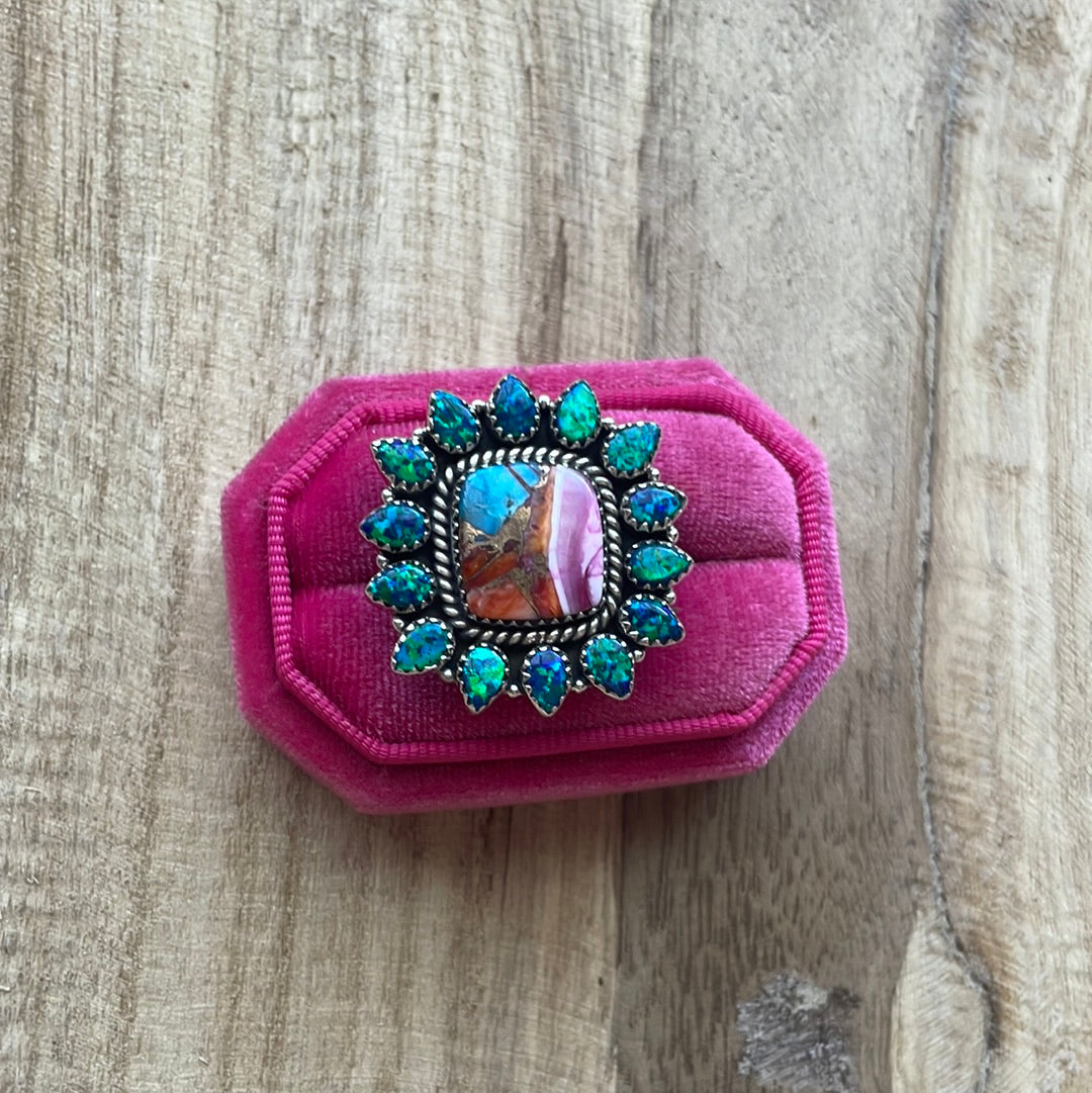 Beautiful Handmade Pink Dream, Fire Opal And Sterling Silver Adjustable Ring Signed Nizhoni