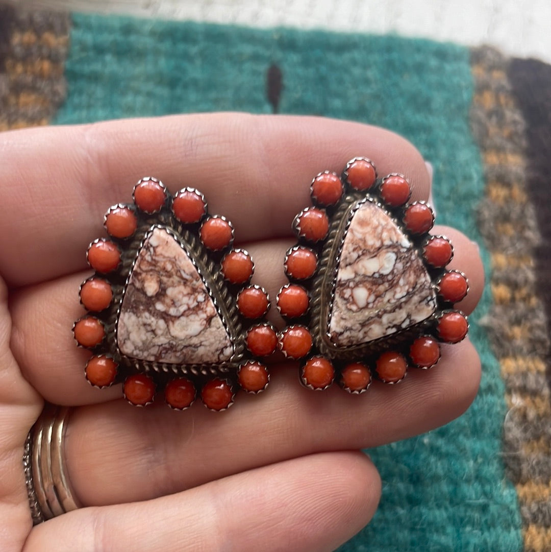 Beautiful Navajo Sterling Silver & Coral Post Earrings Signed