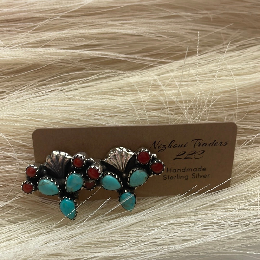 “The Prickly Earring” Handmade Sterling Silver, Turquoise & Coral Cactus Earrings