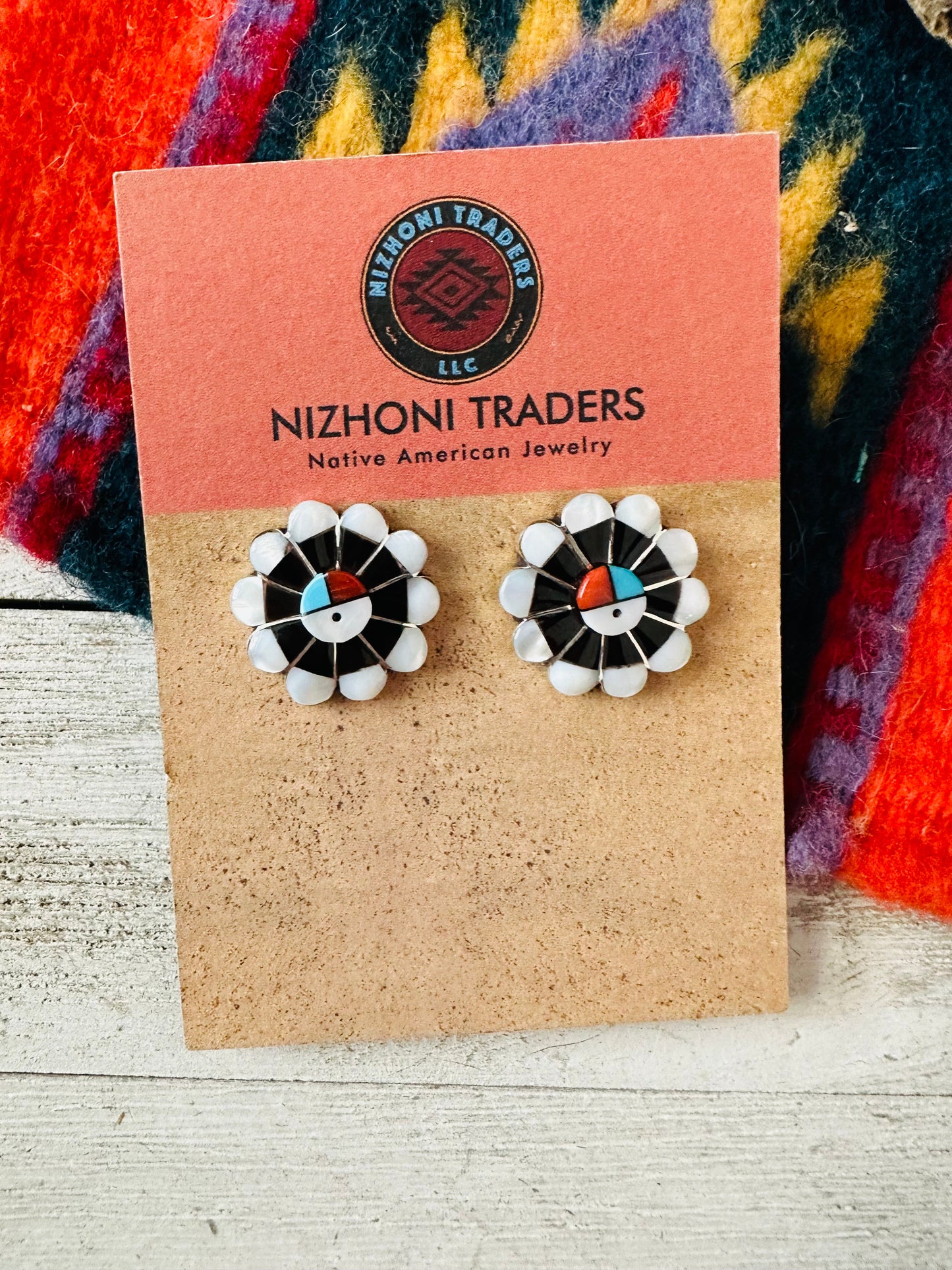 Zuni Sun Face Multi Stone & Sterling Silver Inlay Stud Earrings