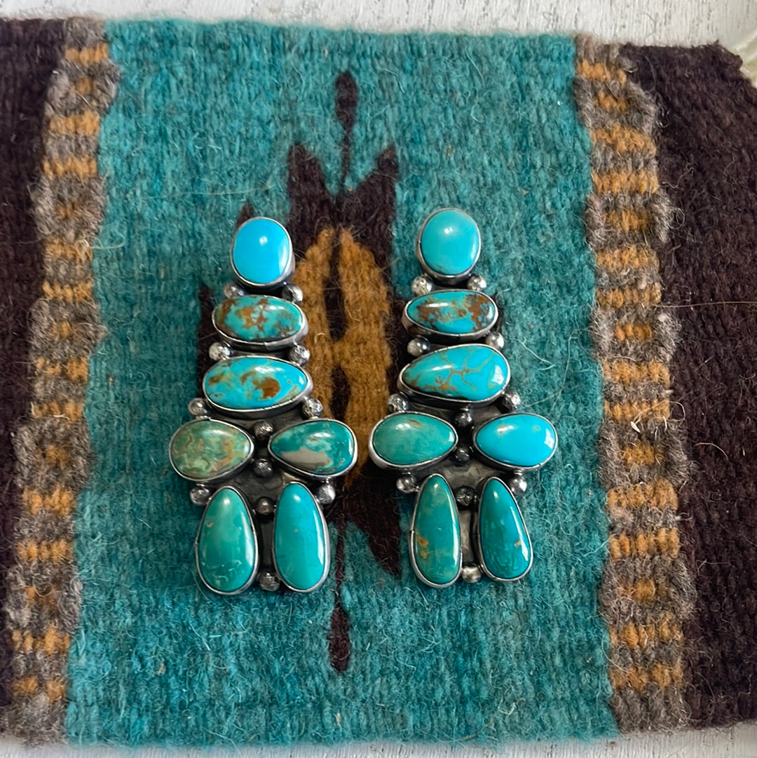 “The Skye” Navajo Sterling Silver & Turquoise Cluster Earrings Signed Sheila