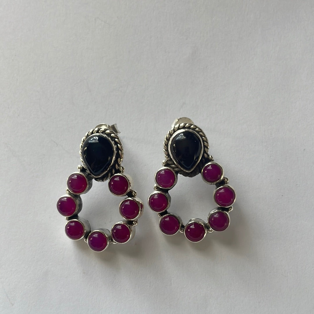 Beautiful Handmade Pink & Black Onyx & Sterling Silver Post Earrings Signed Nizhoni