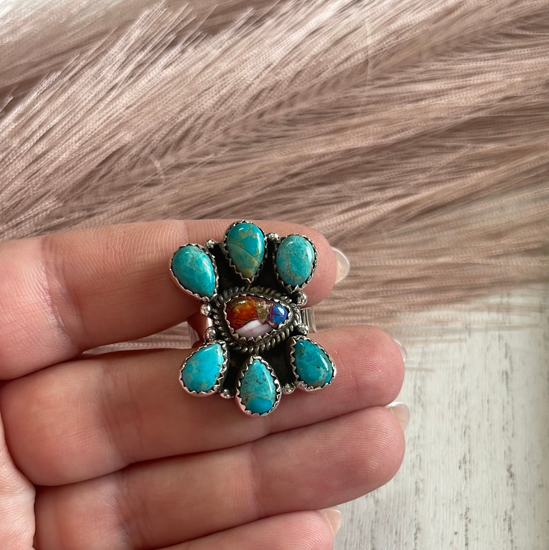 “The Willow” Handmade Sterling Silver, Turquoise & Pink Dream Cluster Adjustable Ring Signed Nizhoni