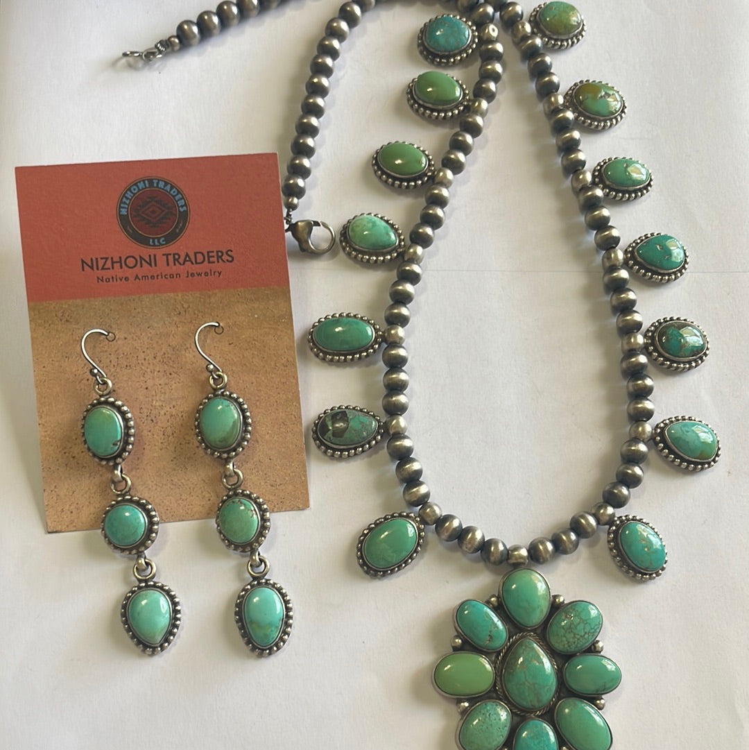 “The Rainstorm” Beautiful Navajo Sterling Silver Turquoise Necklace & Earring Set