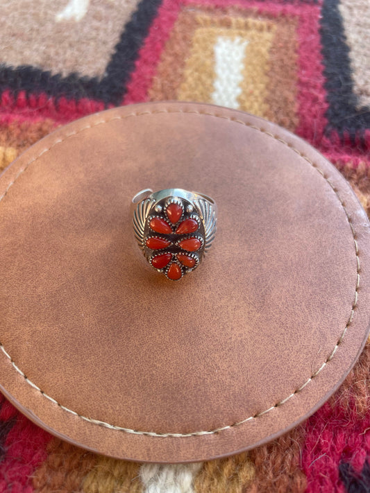 “The Marie” Handmade Sterling Silver & Coral Adjustable Ring