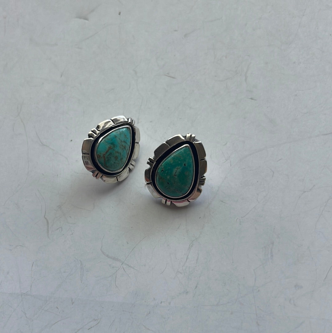 Beautiful Navajo Turquoise And Sterling Silver Teardrop Post Earrings