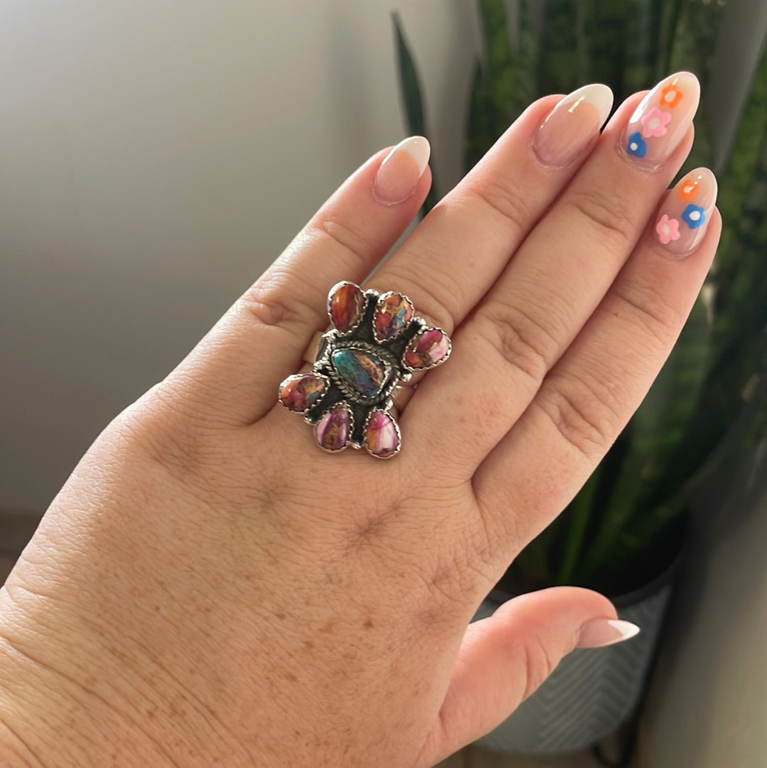 “The Willow” Handmade Sterling Silver, Pink & Purple Dream Cluster Adjustable Ring Signed Nizhoni