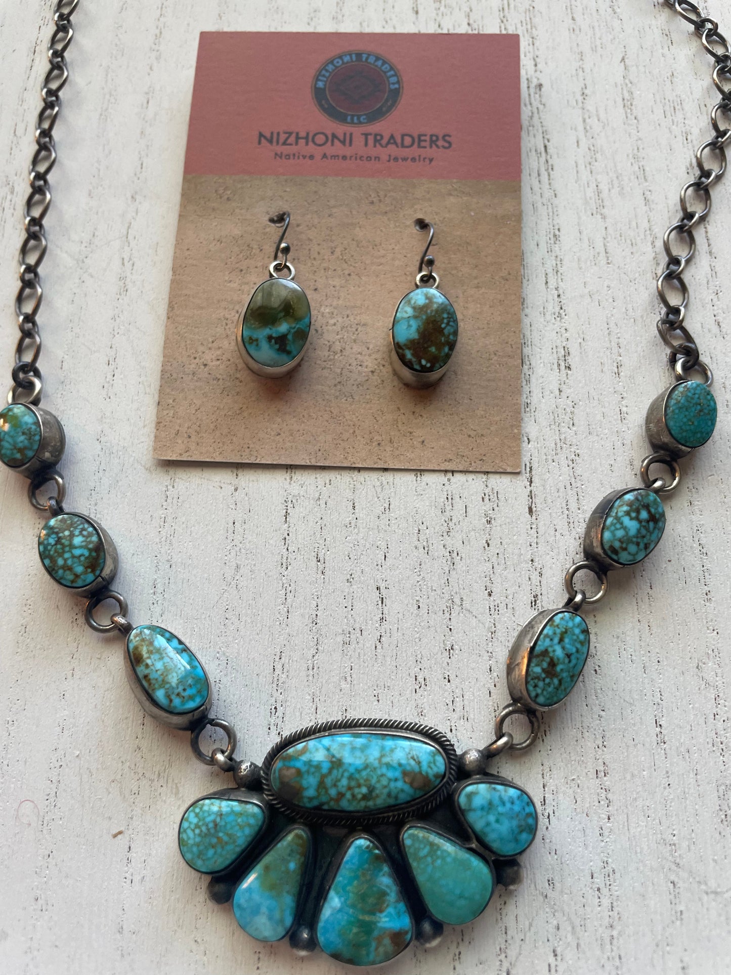 Beautiful Navajo Sterling Silver Turquoise Necklace & Earring Set Signed B Johnson