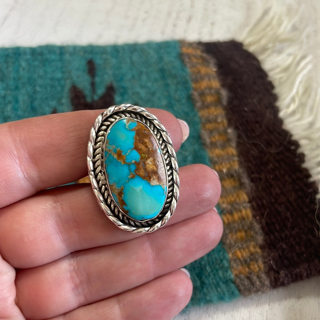 Beautiful Navajo Sterling Silver Turquoise Oval Ring Signed