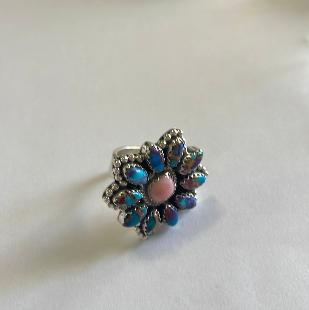 “Buy Me Flowers” Sterling Silver, Blue Mojave & Pink Conch Adjustable Ring