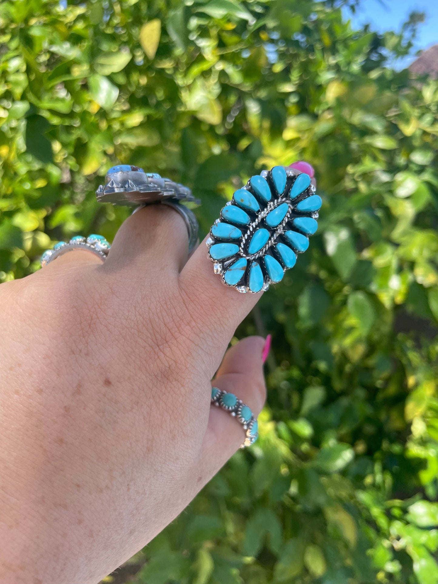 “The Aspen” Navajo Sterling Silver Cluster Turquoise Ring Signed