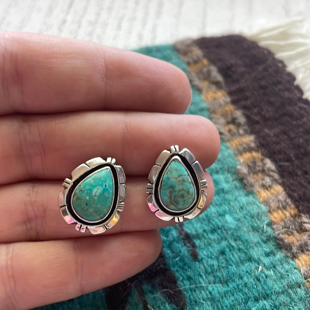 Beautiful Navajo Turquoise And Sterling Silver Teardrop Post Earrings