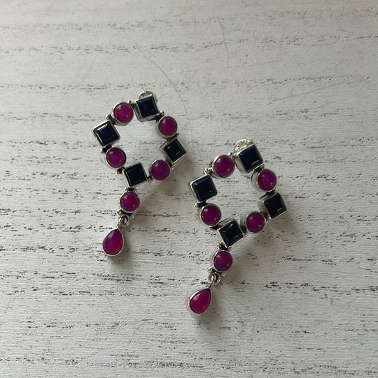 Beautiful Handmade Pink & Black Onyx & Sterling Silver Post Earrings Signed Nizhoni