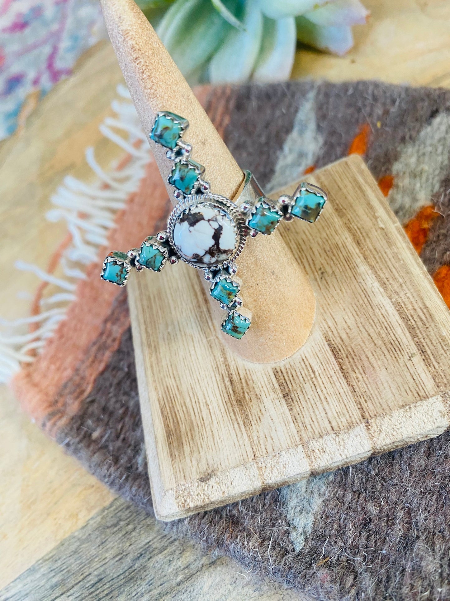 Beautiful Sterling Silver, Wild Horse & Turquoise Adjustable Ring