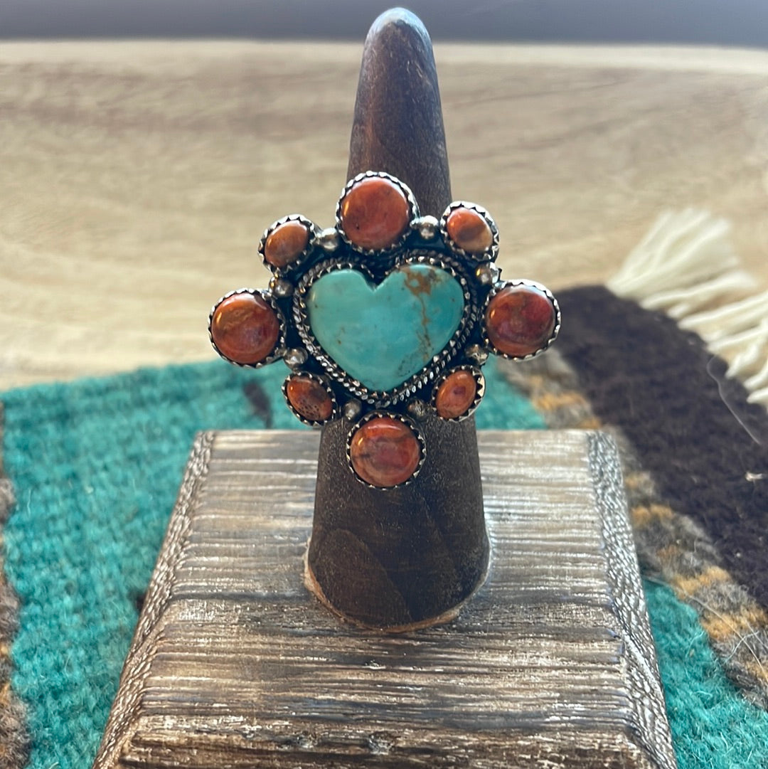 Beautiful Handmade Turquoise, Orange Mojave And Sterling Silver Adjustable Ring Signed Nizhoni