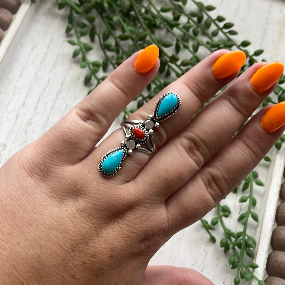 “Triple Stone” Navajo Turquoise, Coral And Sterling Silver Ring