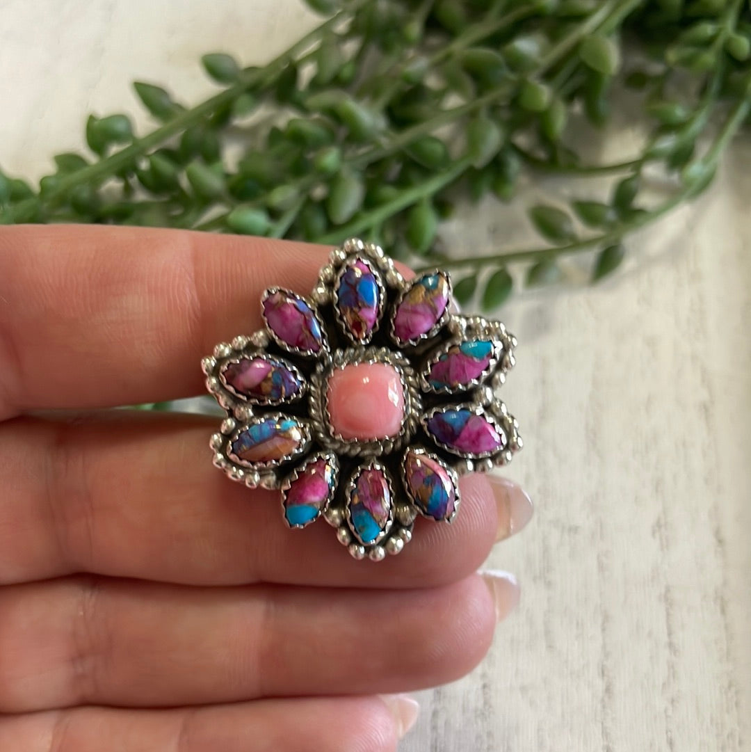 “Buy Me Flowers” Sterling Silver, Purple Dream & Pink Conch Adjustable Ring