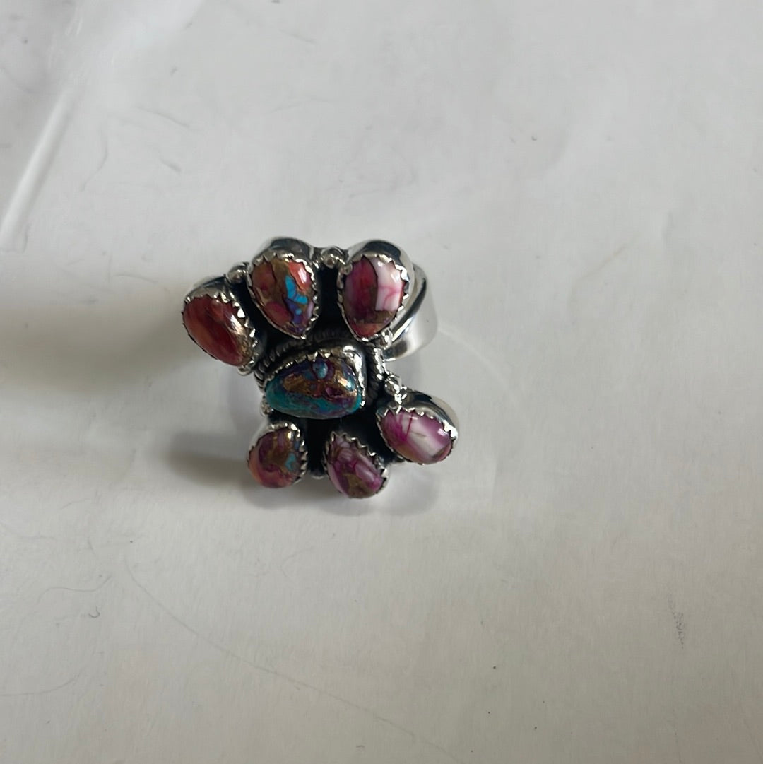 “The Willow” Handmade Sterling Silver, Pink & Purple Dream Cluster Adjustable Ring Signed Nizhoni