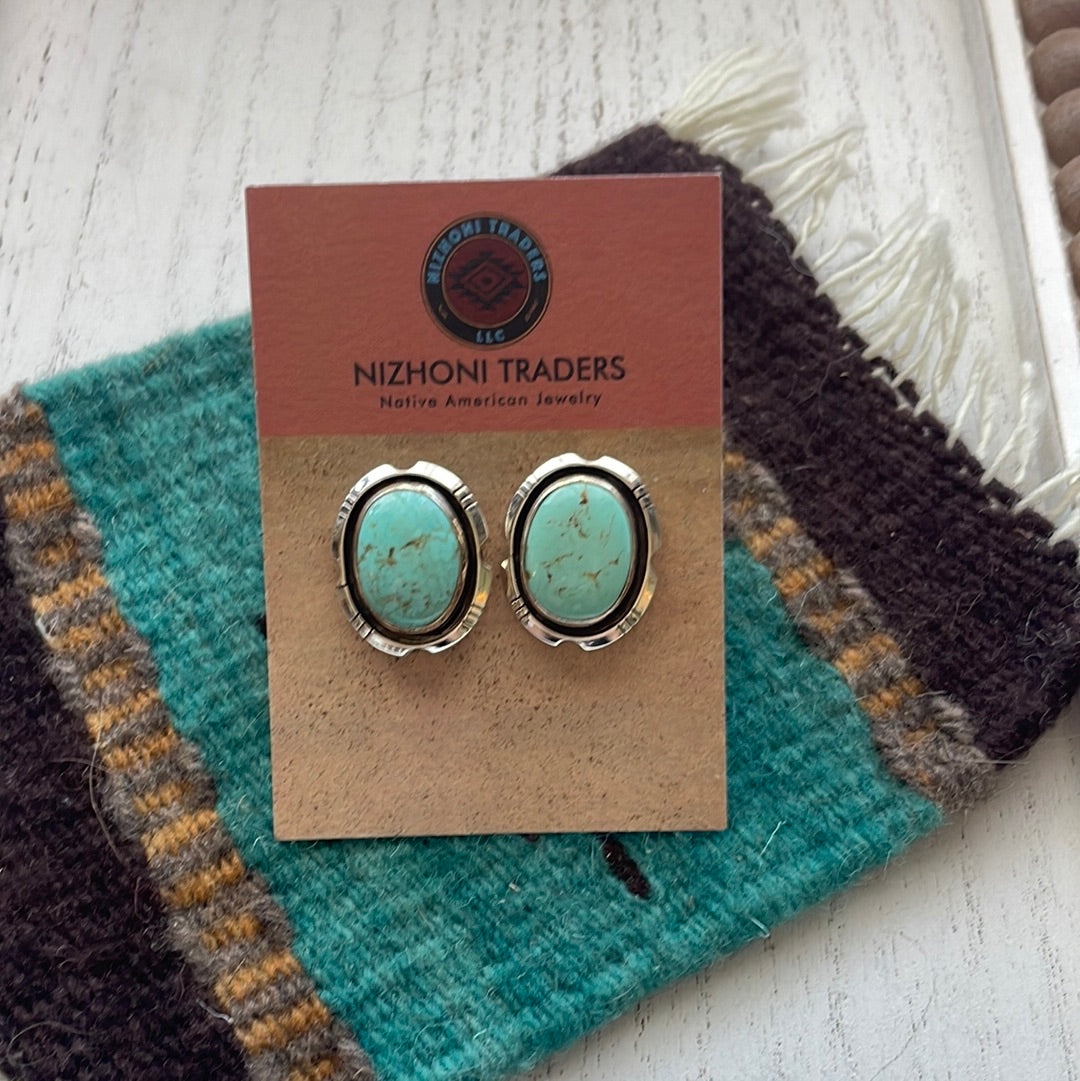 Beautiful Navajo Turquoise And Sterling Silver Post Earrings